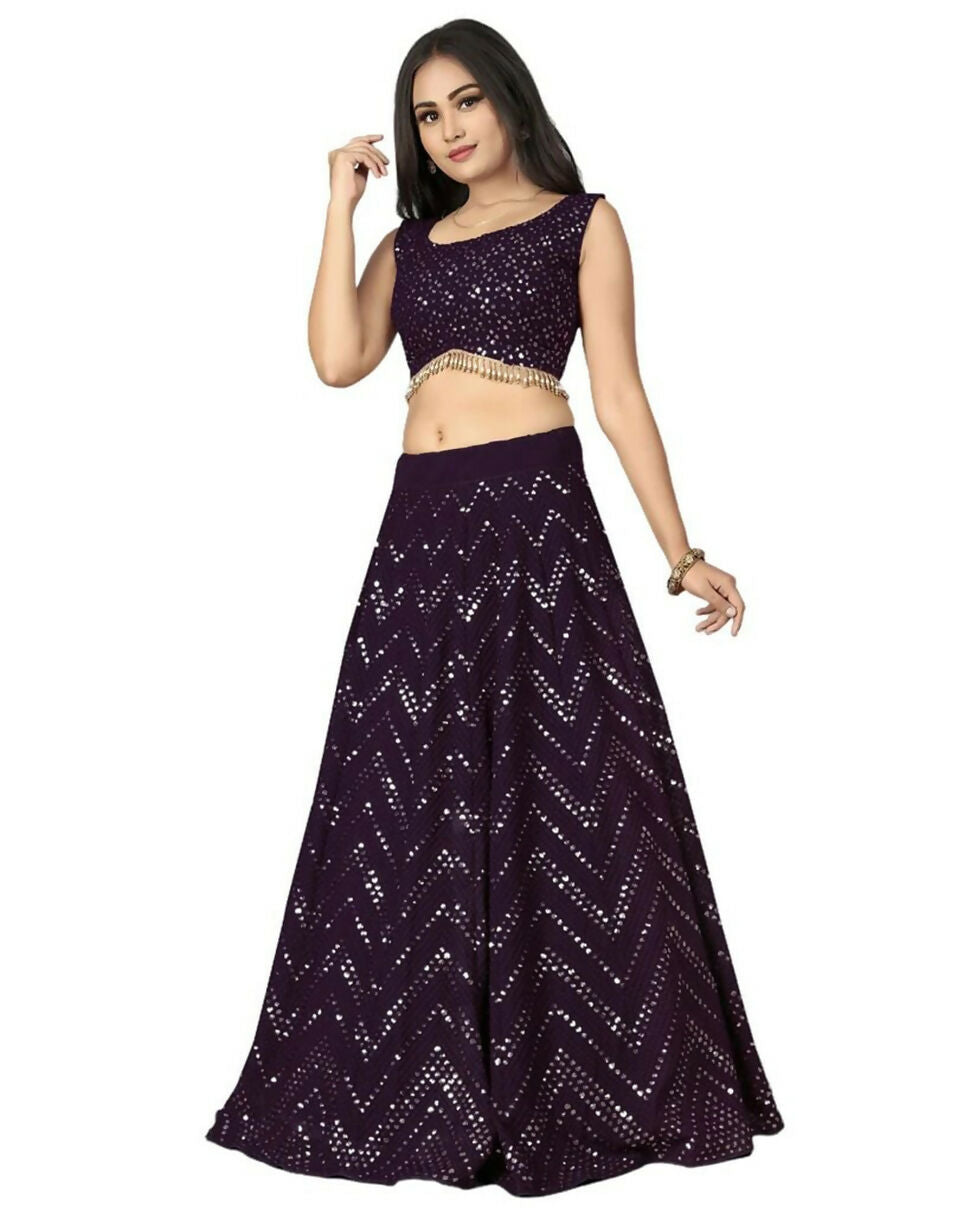 Jyoti Fashion Wine Thread with Sequence Embroidery Faux Georgette Lehenga Choli with Dupatta | Grocsy