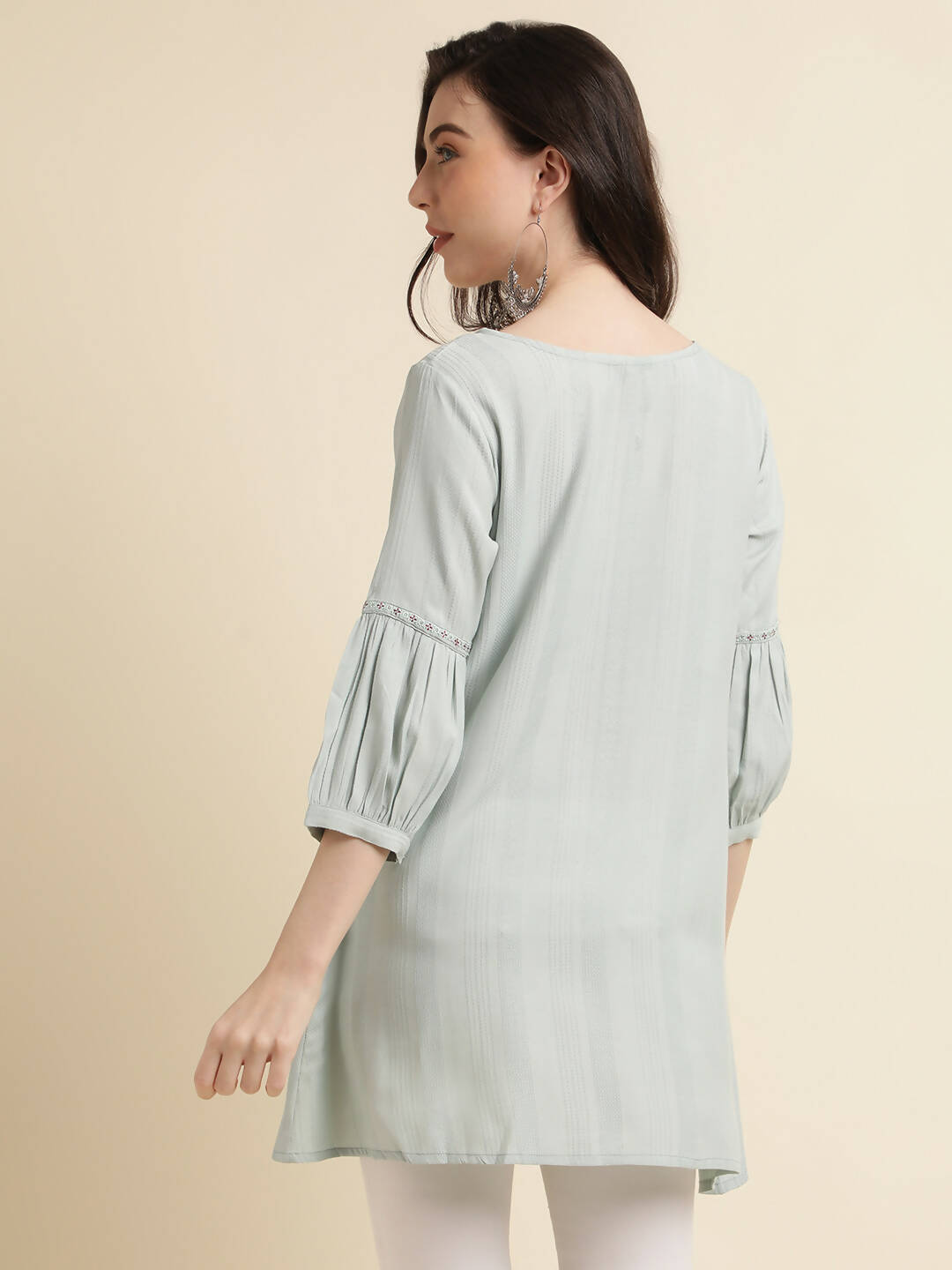 Light Blue Poly Cotton Yoke Embroidered A-line Top - Tarini | Grocsy