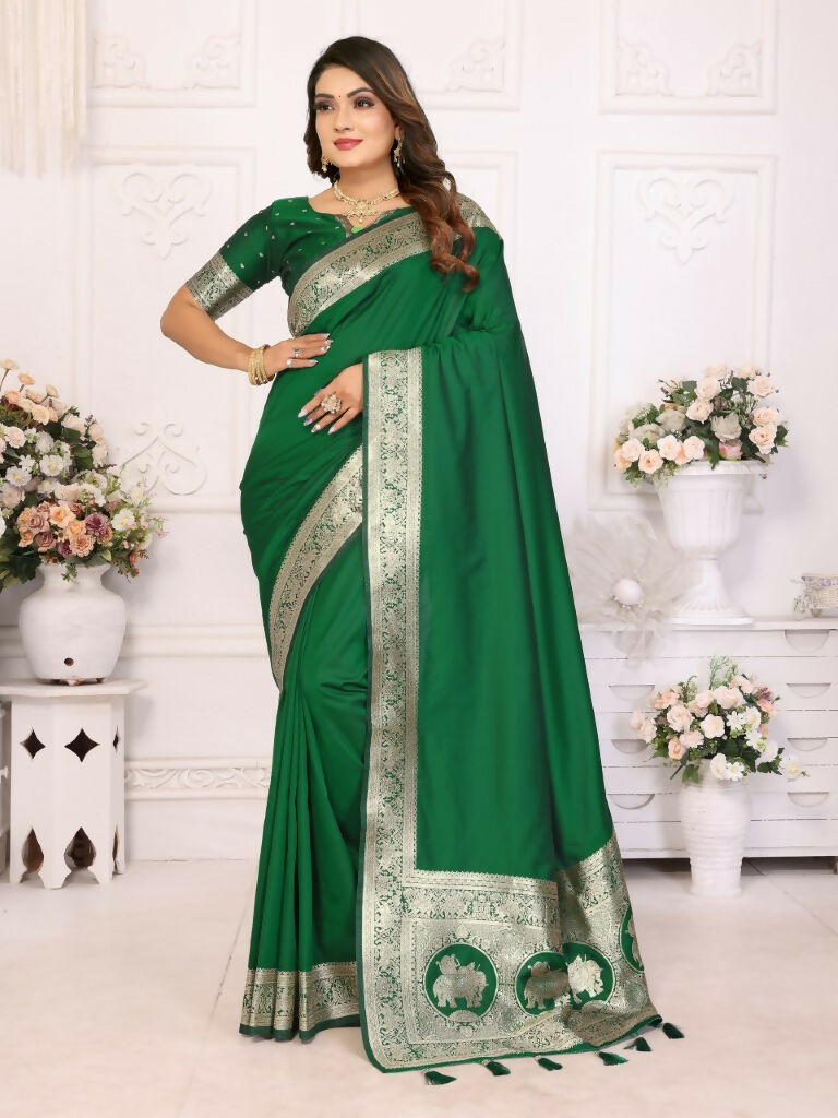 Anaita Dark Green Banarasi Silk With Beautiful Gala Weaving Saree With Blouse | Grocsy