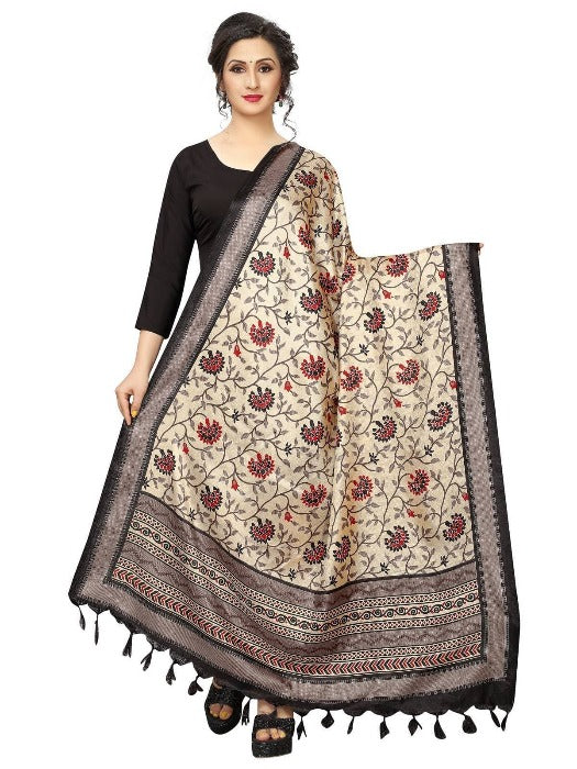 Vamika Flower Printed Black Khadi Bhagalpuri Dupatta | Grocsy