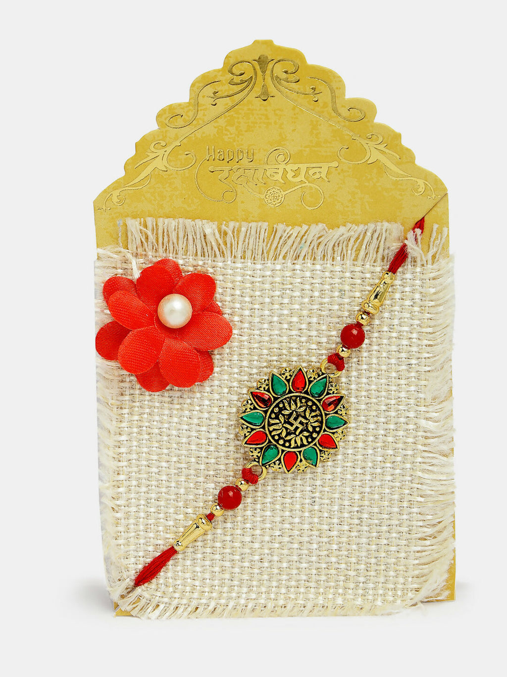 NVR Men Red & Gold-Toned Stone-Studded Rakhi With Roli Chawal | Grocsy