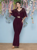 Joban Fashion Wine Hand Embellished Velvet Gown With Belt | Grocsy