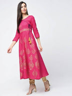 Aniyah Cotton Block Printed Angrakha Kurta Fuchsia (AN-132K) | Grocsy