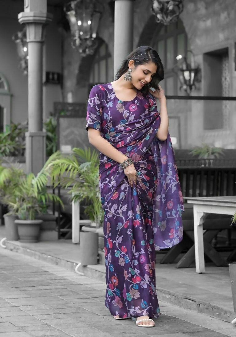 stylish Casual Purple Imported georgette Ready to Wear Fancy Saree - Ashwini | Grocsy