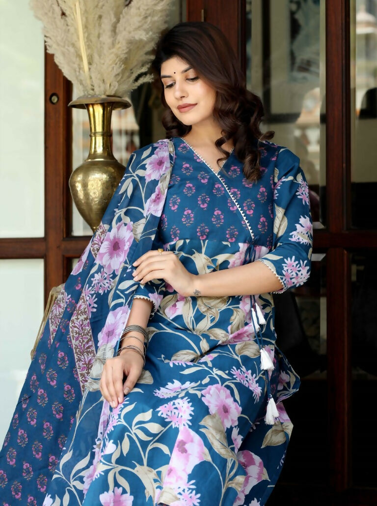 Miravan Women's Cotton Floral Angrakha Kurta And Palazzo With Dupatta Set | Grocsy