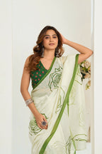 Vastranavya Green Digital Printed Linen Ready To Wear Designer Saree with Unstitched Blouse | Grocsy