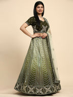 Green Fancy Net Sequence Embroidered Lehenga Choli with Dupatta - Dhara | Grocsy