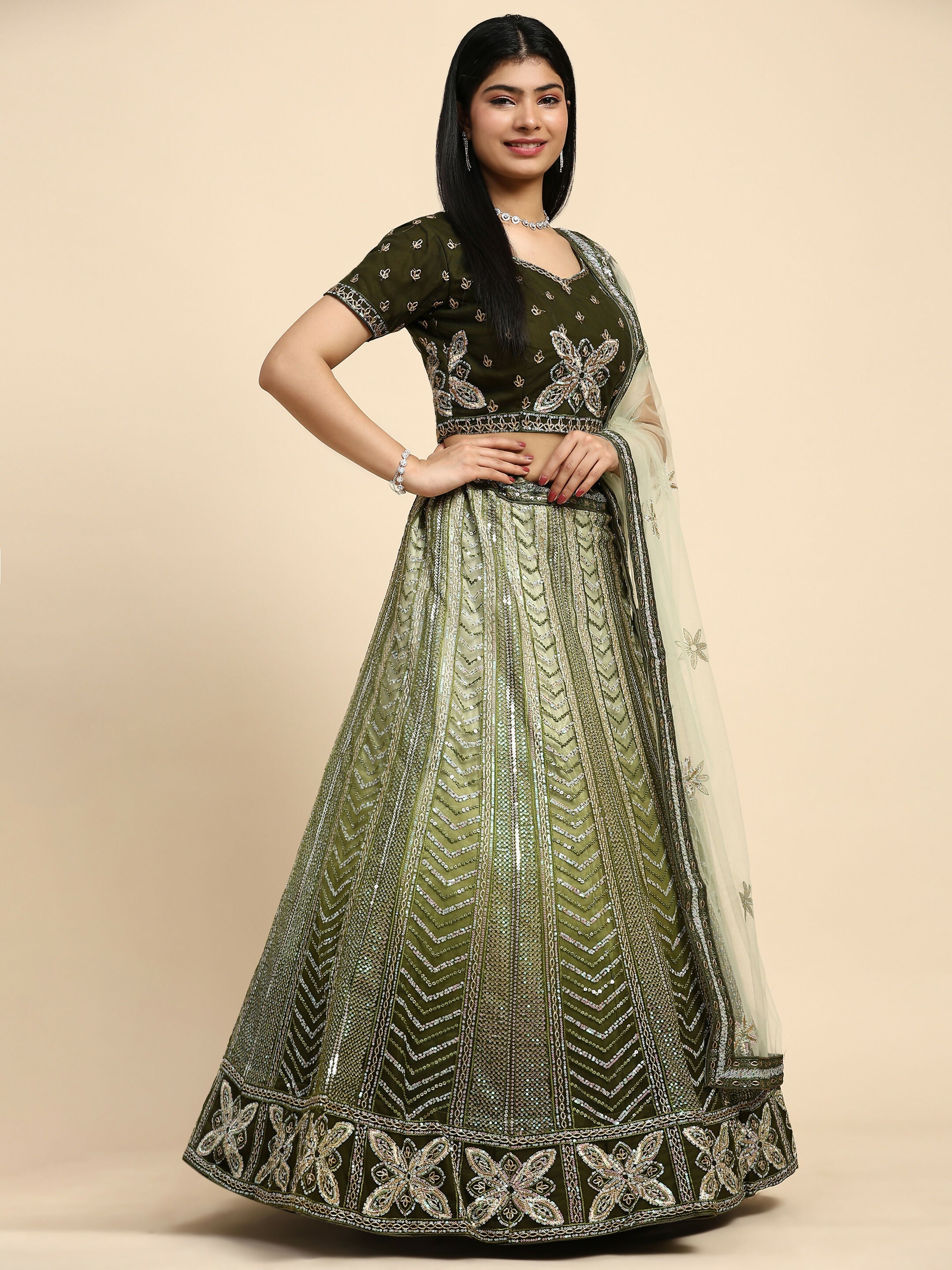 Green Fancy Net Sequence Embroidered Lehenga Choli with Dupatta - Dhara | Grocsy