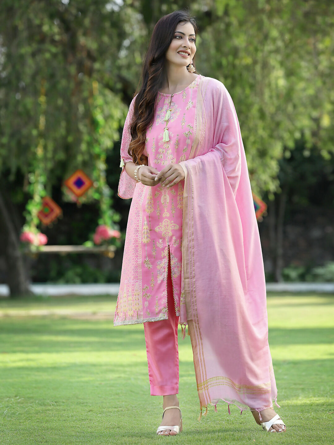 Juniper Pink Ethnic Motif Printed Georgette Kurta Pants & Dupatta Set With Tassels & Lace | Grocsy