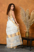Very Much Indian Handloom Pure Cotton Linen Saree With Golden Border - White | Grocsy