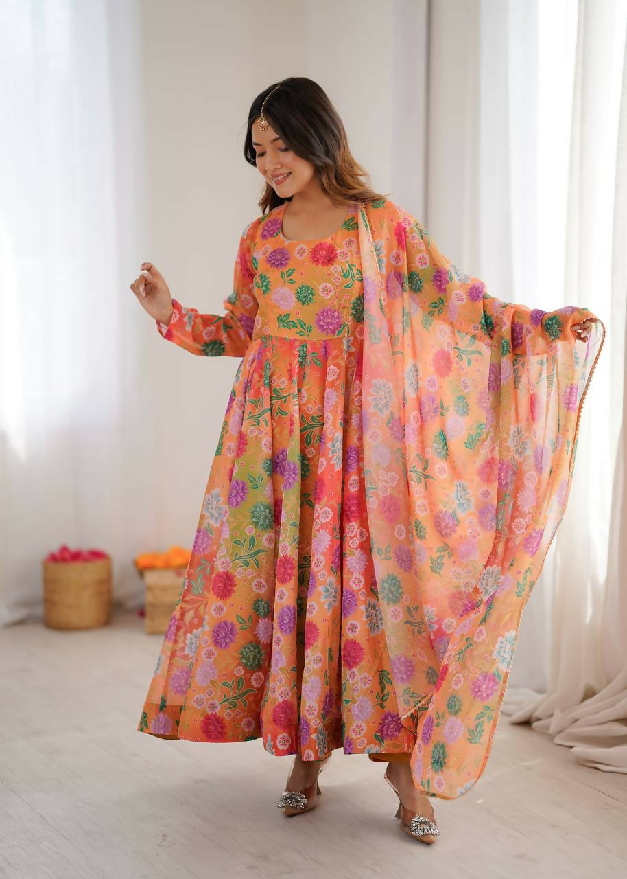Teeya Creation Orange Soft Organza Digital Printed Party Wear Long Gown | Grocsy