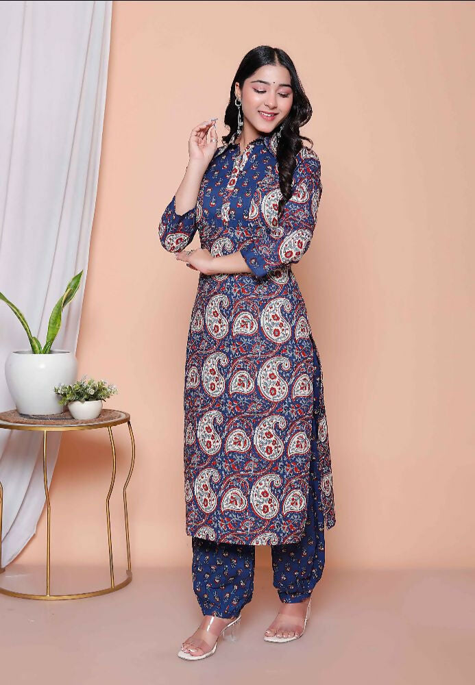 Miravan Womens Cotton Floral Printed Shirt-Collar Straight Kurta And Palazzo Set | Grocsy
