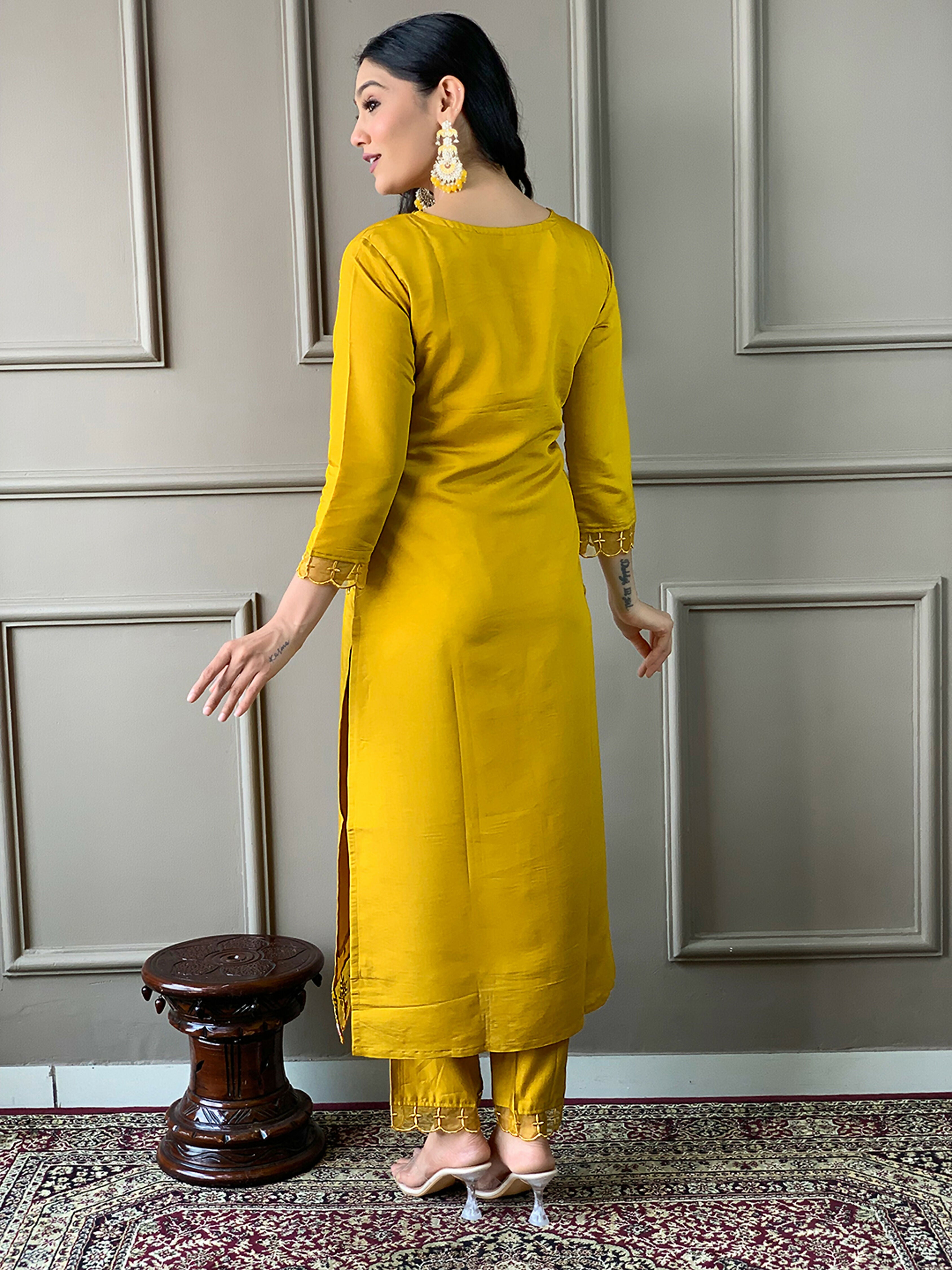 Partywear Designer Chanderi Mustard Stitched Suit With Dupatta - Tanisha | Grocsy