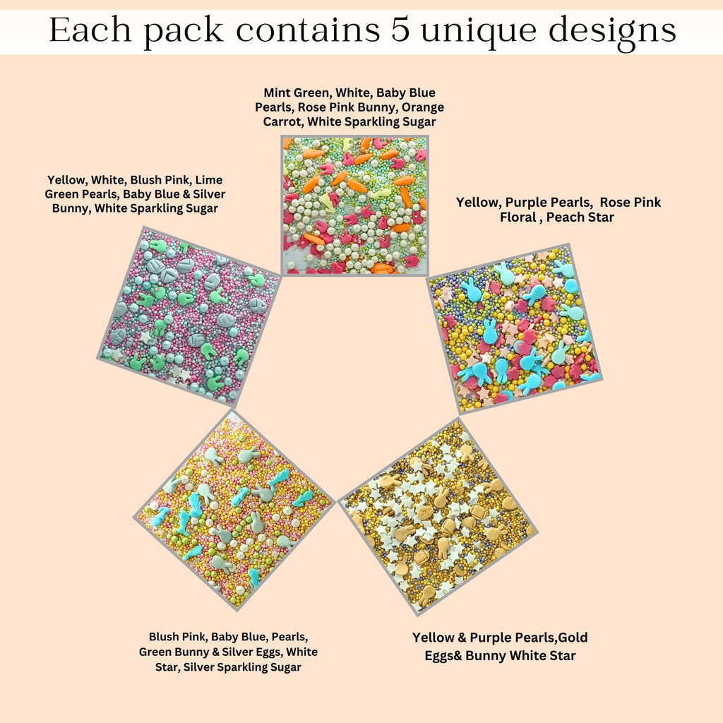 Confect Easter Sprinkles Edible | Mix Parrot Green, Yellow, Pink, White and Silver Pearls & Stars Pack of 5 (EAST 7) - 100Gms | Grocsy