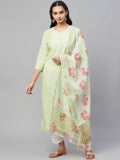 Myshka Green Embroidered 3/4 Sleeve V Neck Kurta Pant Dupatta Set | Grocsy