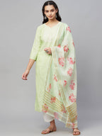 Myshka Green Embroidered 3/4 Sleeve V Neck Kurta Pant Dupatta Set | Grocsy