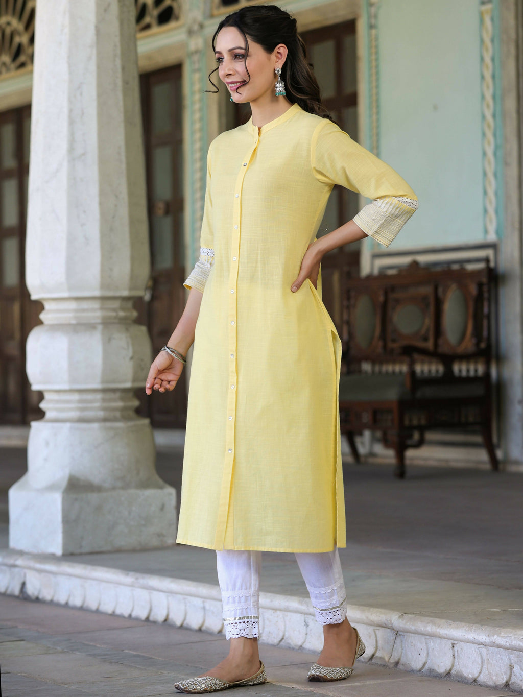 Juniper Women's Yellow Cotton Slub Embroidered Straight Kurta | Grocsy