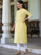 Juniper Women's Yellow Cotton Slub Embroidered Straight Kurta | Grocsy