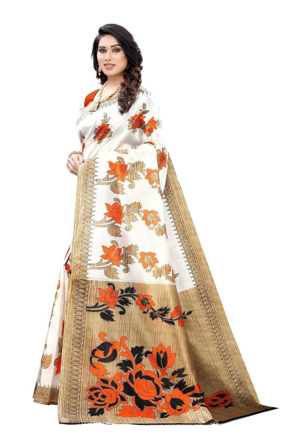 Vamika White Printed Art Silk Saree | Grocsy