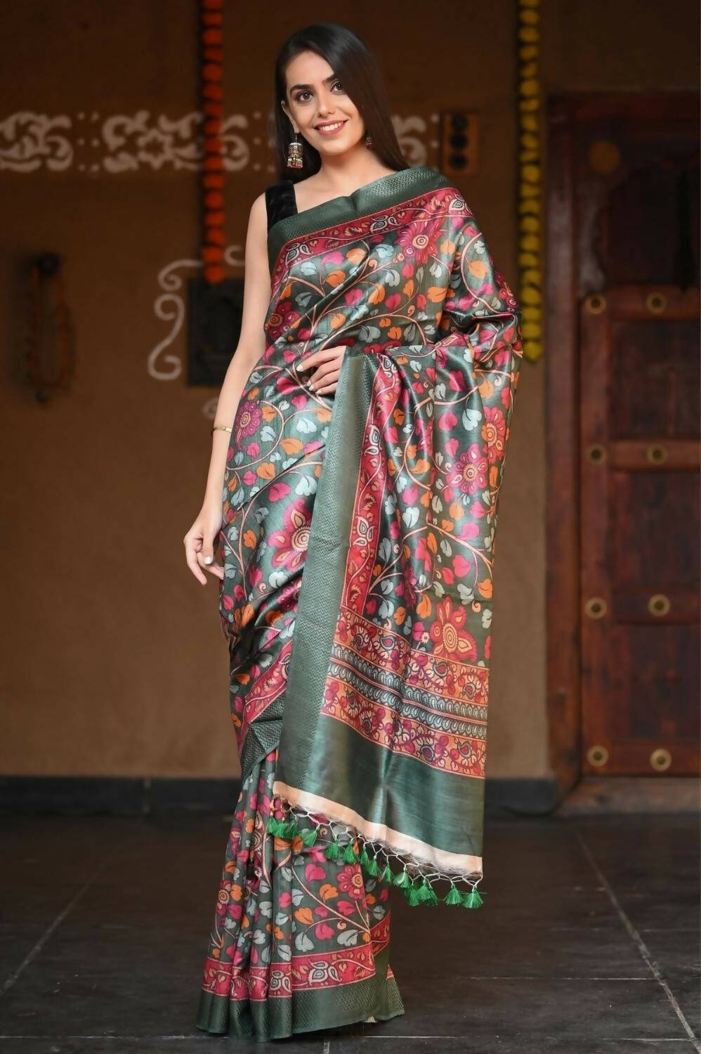 Very Much Indian Handloom Pure Tussar Silk With Floral Prints - Green | Grocsy