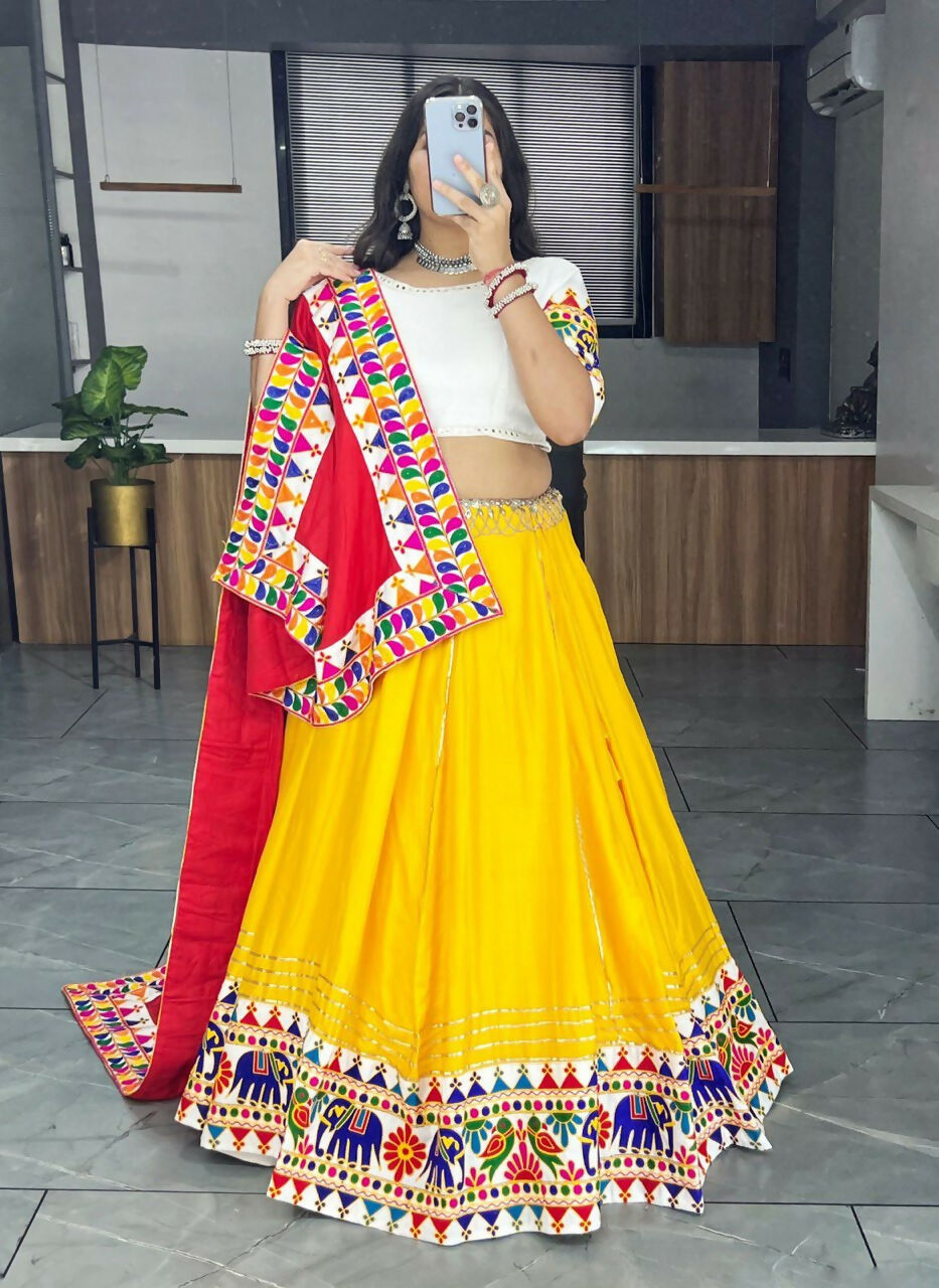 Yash Enterprise Yellow Rayon Cotton Embroidery Semi Stitched Navratri Chaniya Choli | Grocsy