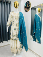 Teeya Creation White Color Chinon Silk Party Wear Trending Palazzo Set | Grocsy