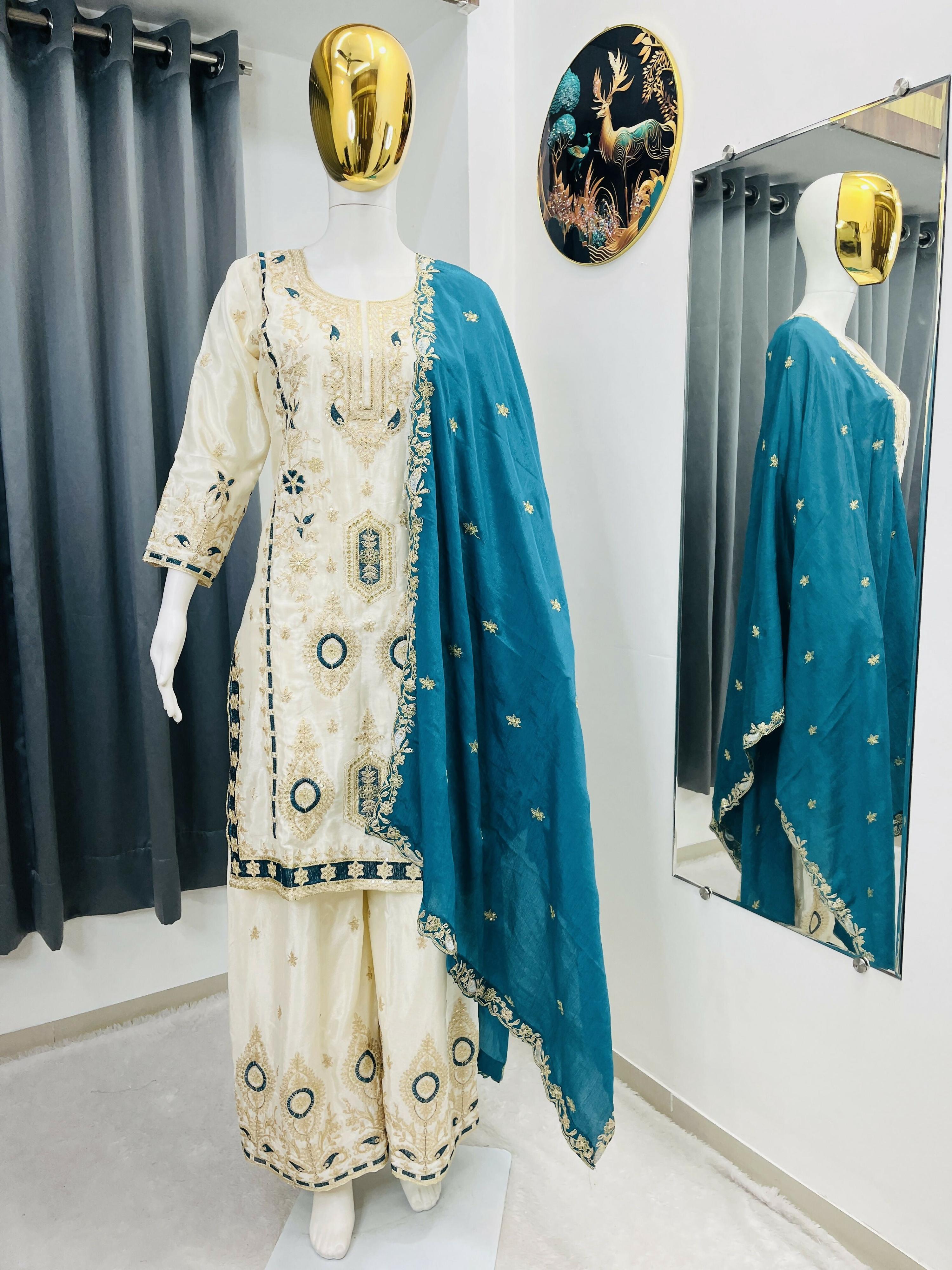 Teeya Creation White Color Chinon Silk Party Wear Trending Palazzo Set | Grocsy
