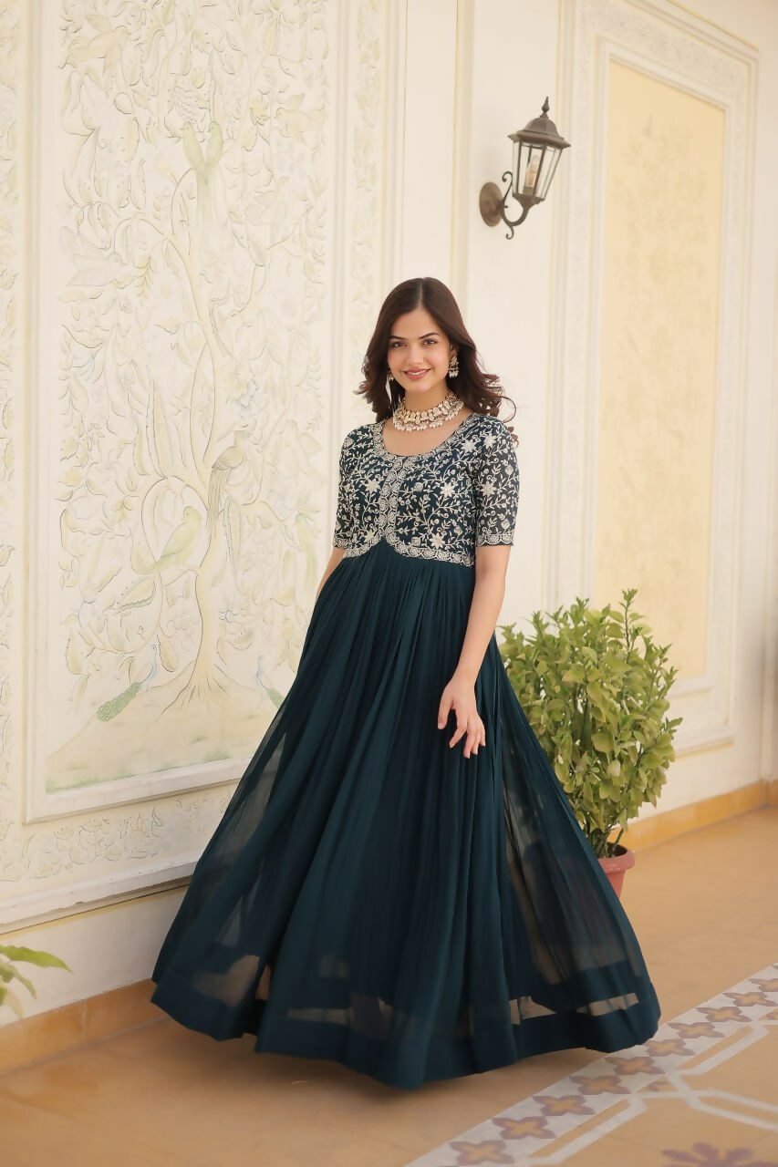 Vastranavya Faux Blooming with Embroidery Zari Sequins-work Gown - Teal | Grocsy