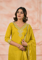 Ethnic Festive Wear Chanderi Yellow Stitched Suit With Dupatta - Anbazaar | Grocsy