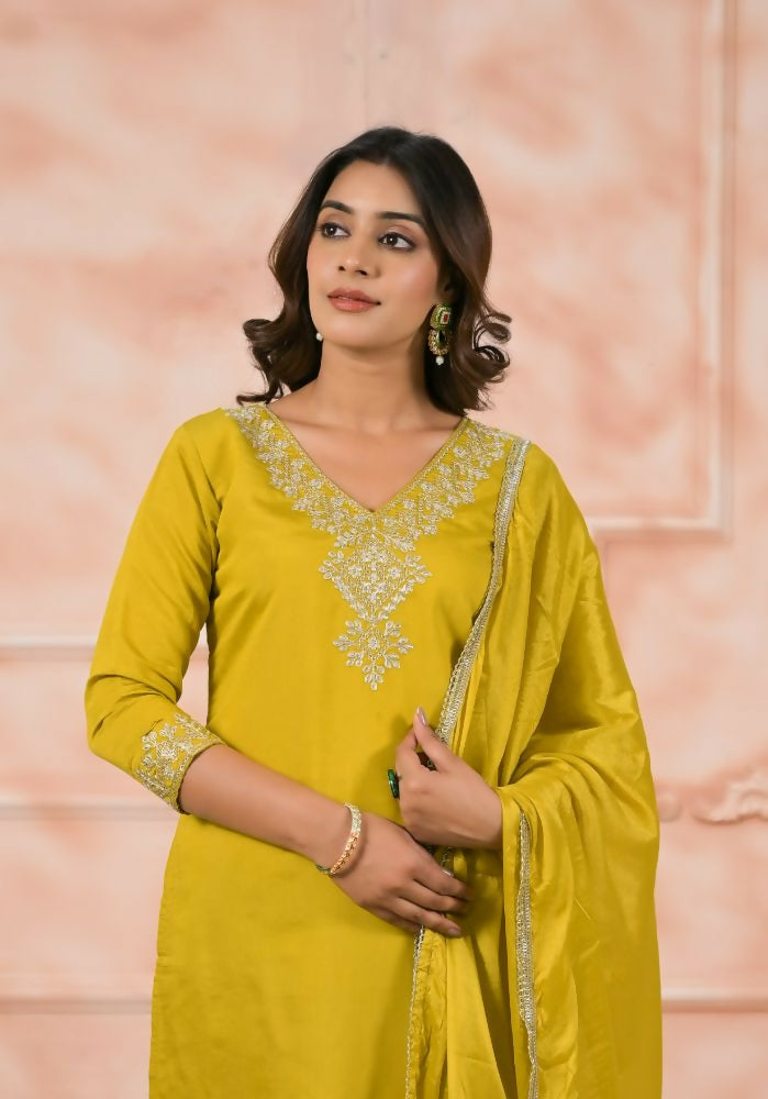 Ethnic Festive Wear Chanderi Yellow Stitched Suit With Dupatta - Anbazaar | Grocsy