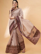 Beige, Purple Tussar Silk Zari, Thread And Cord Embroidery, Laser Cut Applique Saree - Norita Hit Design | Grocsy