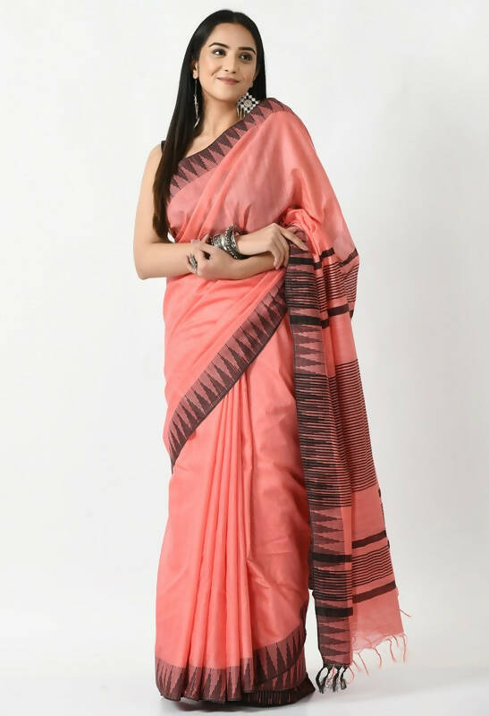 Mominos Fashion Moeza Gajari Pink Bhagalpuri Handloom Silk Black Temple Border Saree with unstitched Blouse piece | Grocsy