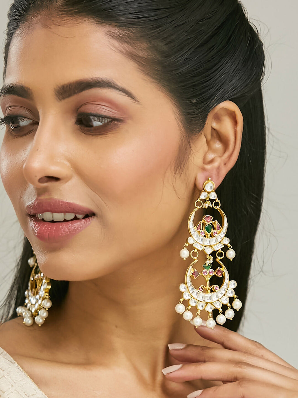 Nuyug 22K Gold-Plated Kundan Studded & Pearl Beaded Layered Chandbalis | Grocsy