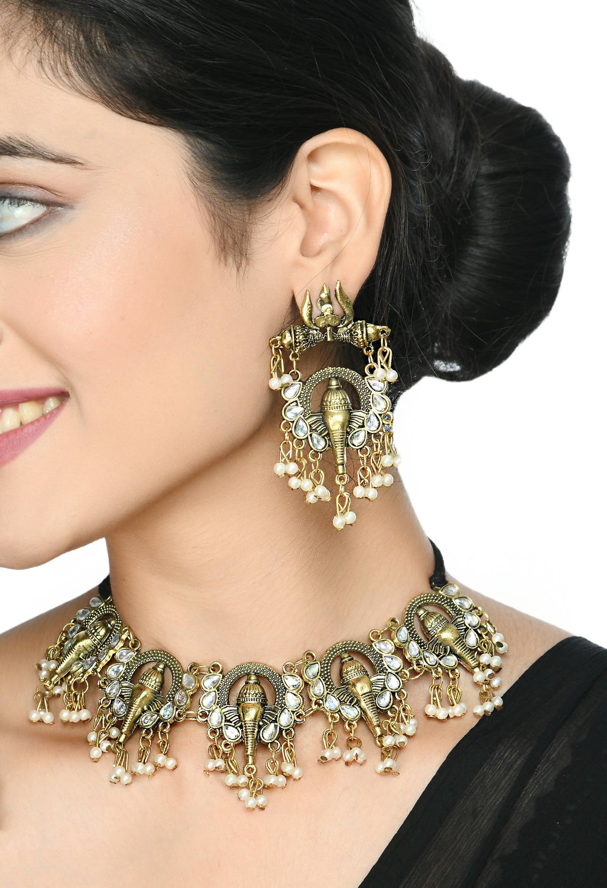 Mominos Fashion Johar Kamal Oxidised Gold-Polished Ganesha Design Necklace Choker Set | Grocsy