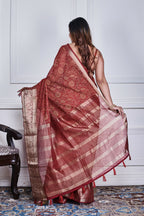 Morchari Maroon Script Printed Orzanga Saree Unstitched Blouse | Grocsy