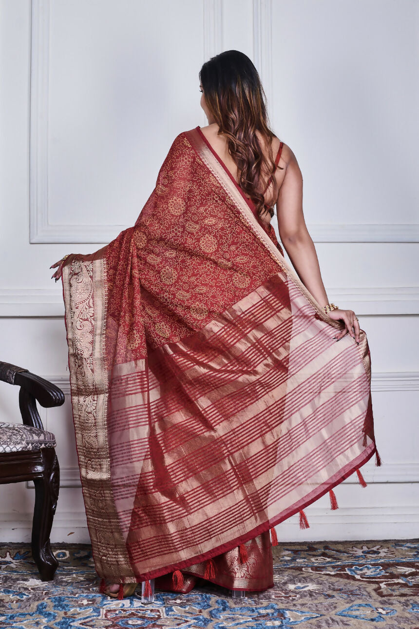 Morchari Maroon Script Printed Orzanga Saree Unstitched Blouse | Grocsy