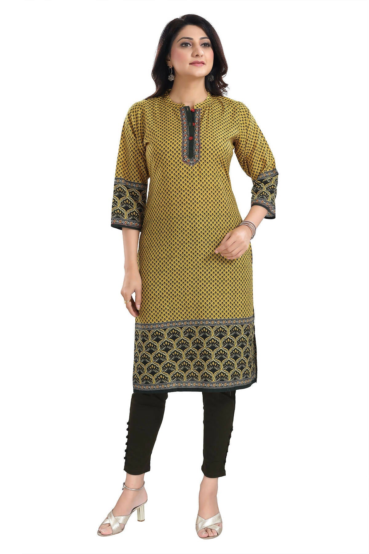 Snehal Creations Yellow Designer Digital Print Cotton Slub Fabric Long Kurti Tunic | Grocsy