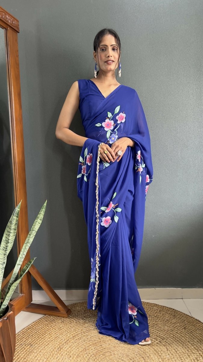 Aayaa Designer 1 min Hand Painted Ready to Wear saree - Navy Blue | Grocsy