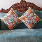The Decor Nook Hand Embroidered Crewel Cushion Covers in Mustard & Chinar Leaf Motif with Teal Green Leaves | Grocsy