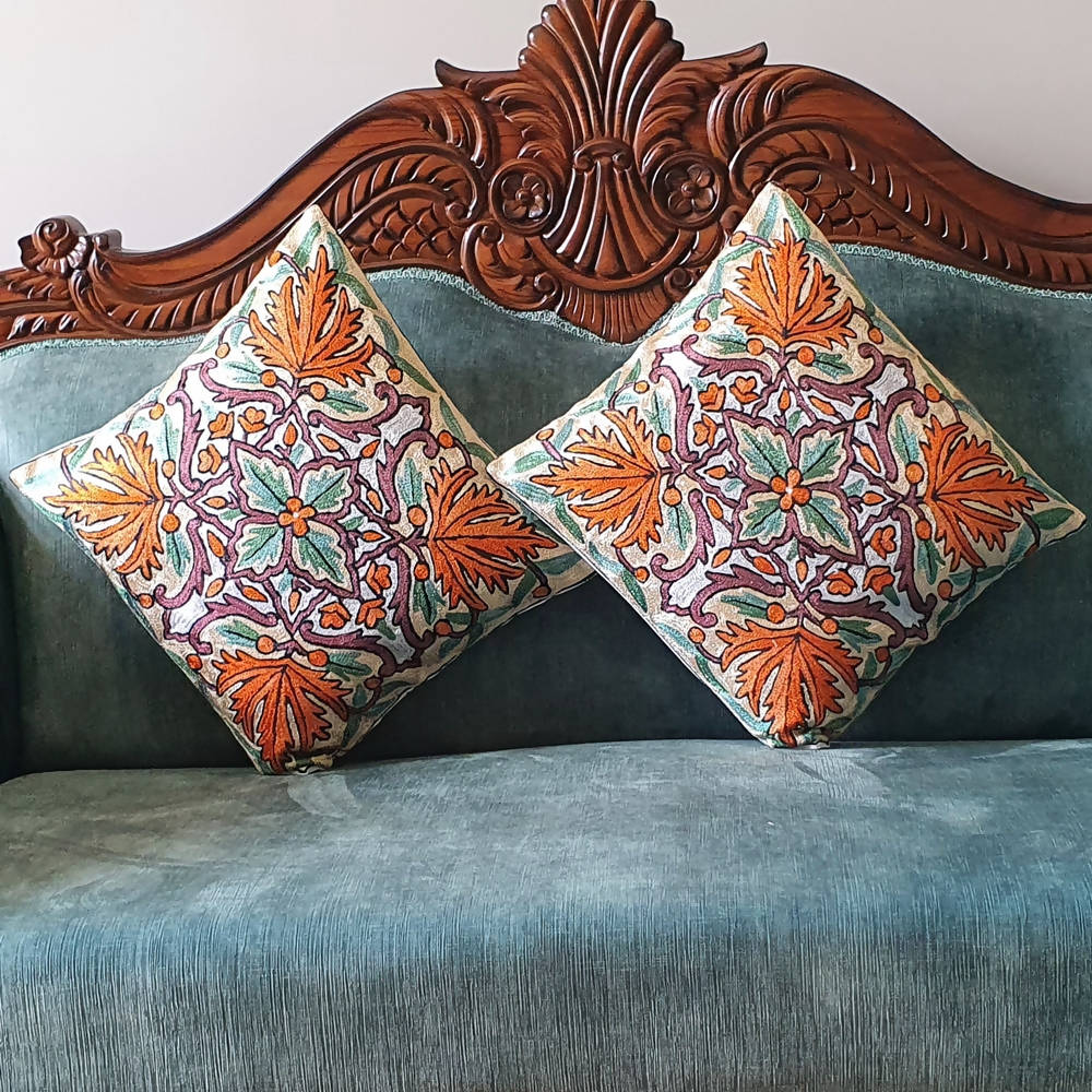 The Decor Nook Hand Embroidered Crewel Cushion Covers in Mustard & Chinar Leaf Motif with Teal Green Leaves | Grocsy