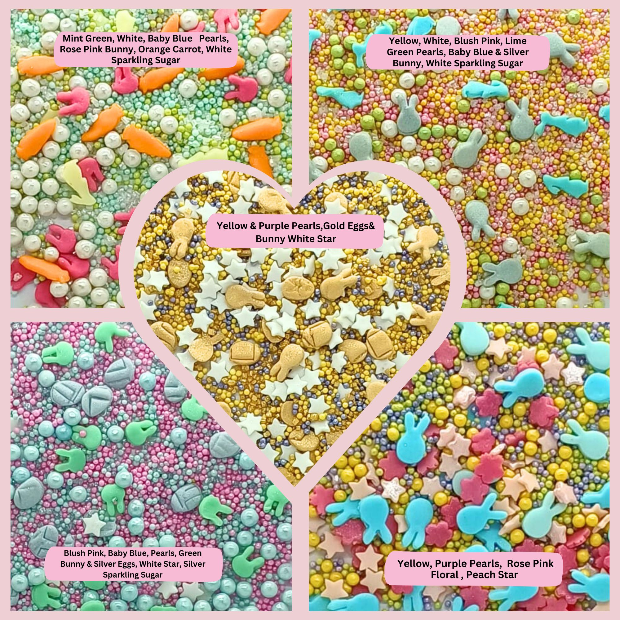 Confect Easter Sprinkles Edible | Mix Parrot Green, Yellow, Pink, White and Silver Pearls & Stars Pack of 5 (EAST 7) - 100Gms | Grocsy