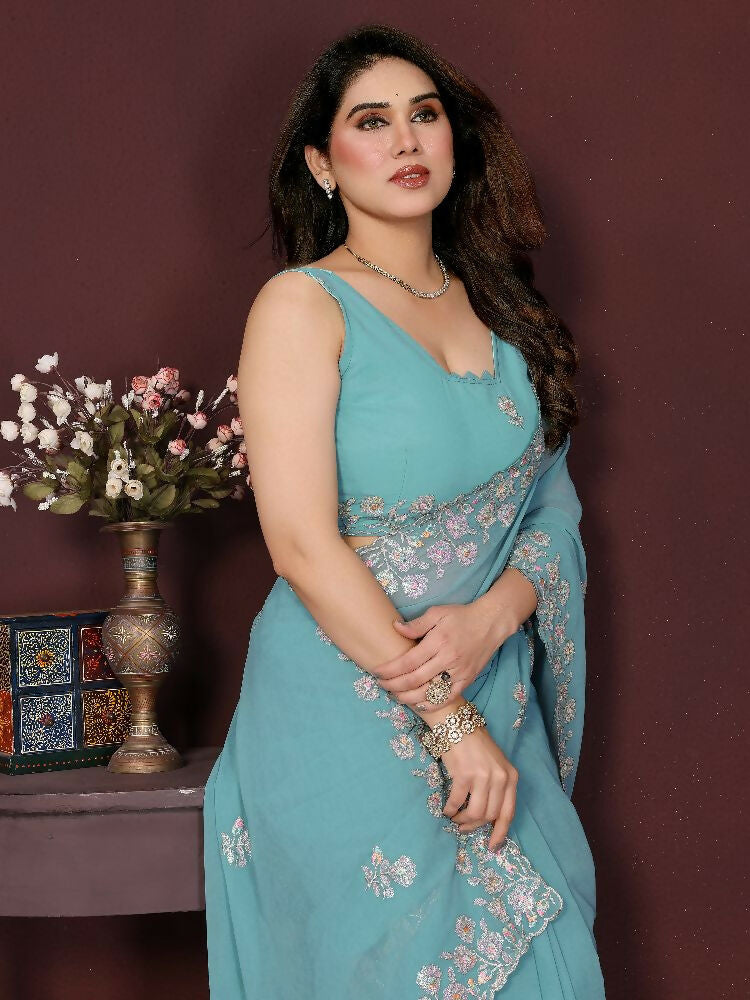 PR Fashion Turquoise Georgette Embroidery Work With Embroidery Work Blouse Saree | Grocsy