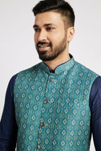 Ethnic India Indigo Blue Bundi Men's Jacket Geometric Polyester | Grocsy