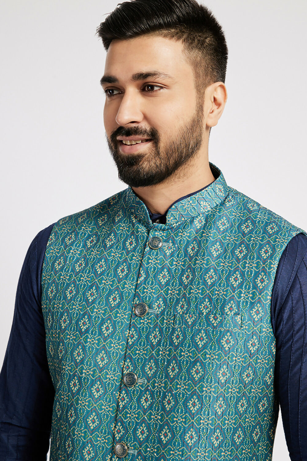 Ethnic India Indigo Blue Bundi Men's Jacket Geometric Polyester | Grocsy
