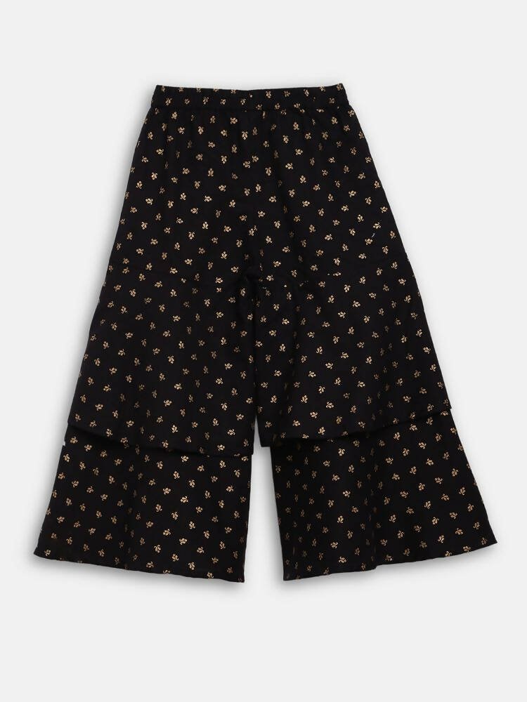 Ahalyaa Black Cotton Gold Print Kids Kurta Sharara Sets For Girls | Grocsy