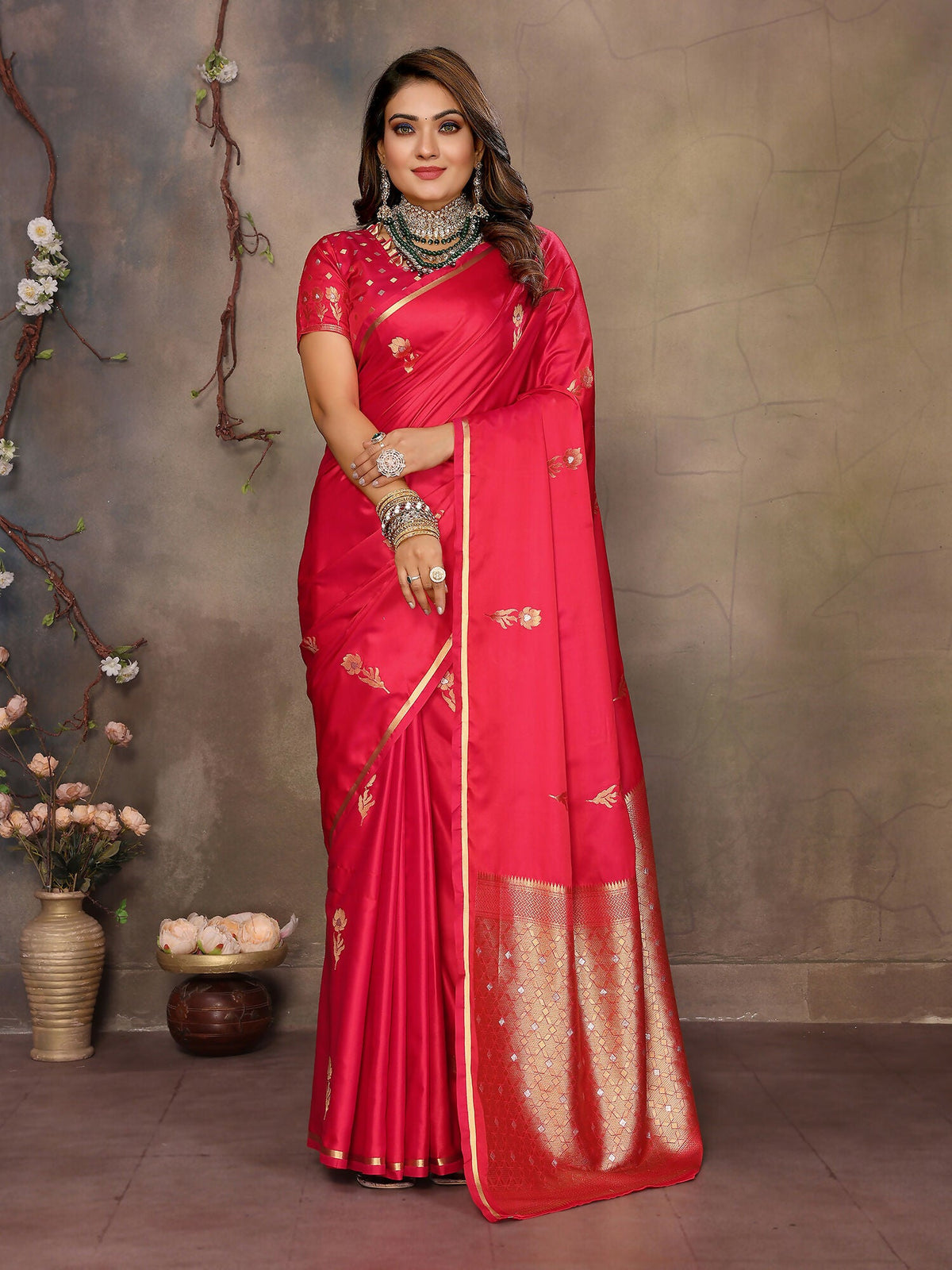 Joban Fashion  Brick Red Floral & Botanical Motifs Satin Silk Banarasi Silk Saree | Grocsy
