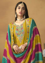 Chinnon Silk Yellow Salwar Suit with Multicolor Dupatta - Emponline | Grocsy
