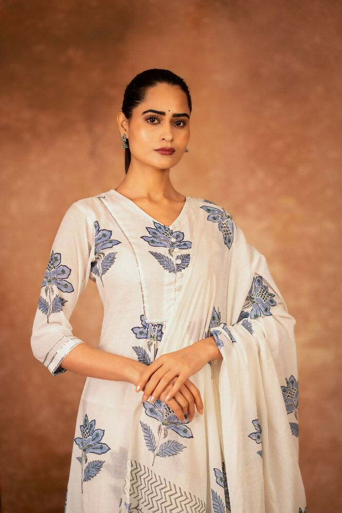 Joban Fashion Off White Blue Hand Block Printed Cotton Suit Set | Grocsy