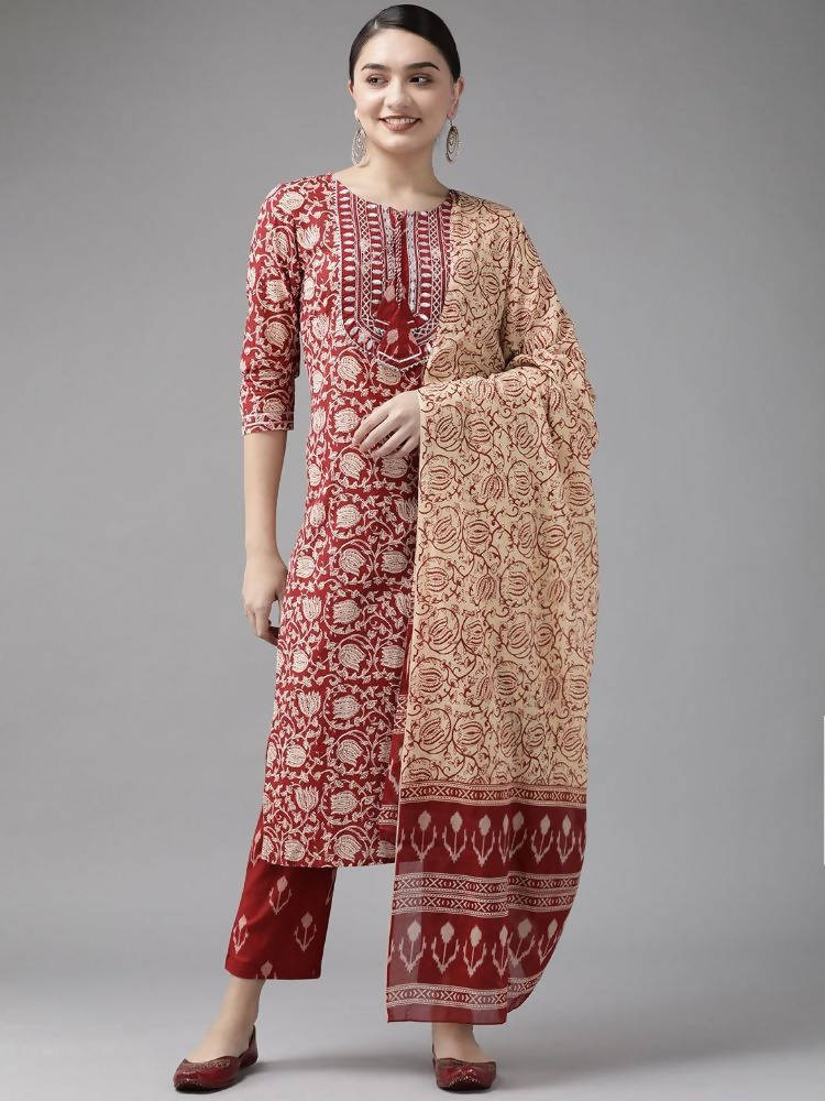 Yufta Maroon & Beige Ethnic Motifs Screen Print Cotton Straight Kurta Palazzo & Dupatta | Grocsy