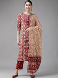 Yufta Maroon & Beige Ethnic Motifs Screen Print Cotton Straight Kurta Palazzo & Dupatta | Grocsy